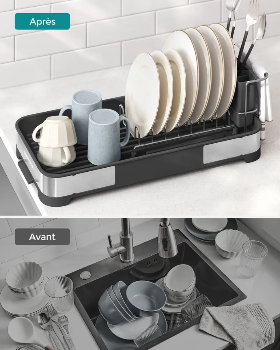 Discount SONGMICS 2 niveaux égouttoir à vaisselle en acier inoxydable argenté et noir