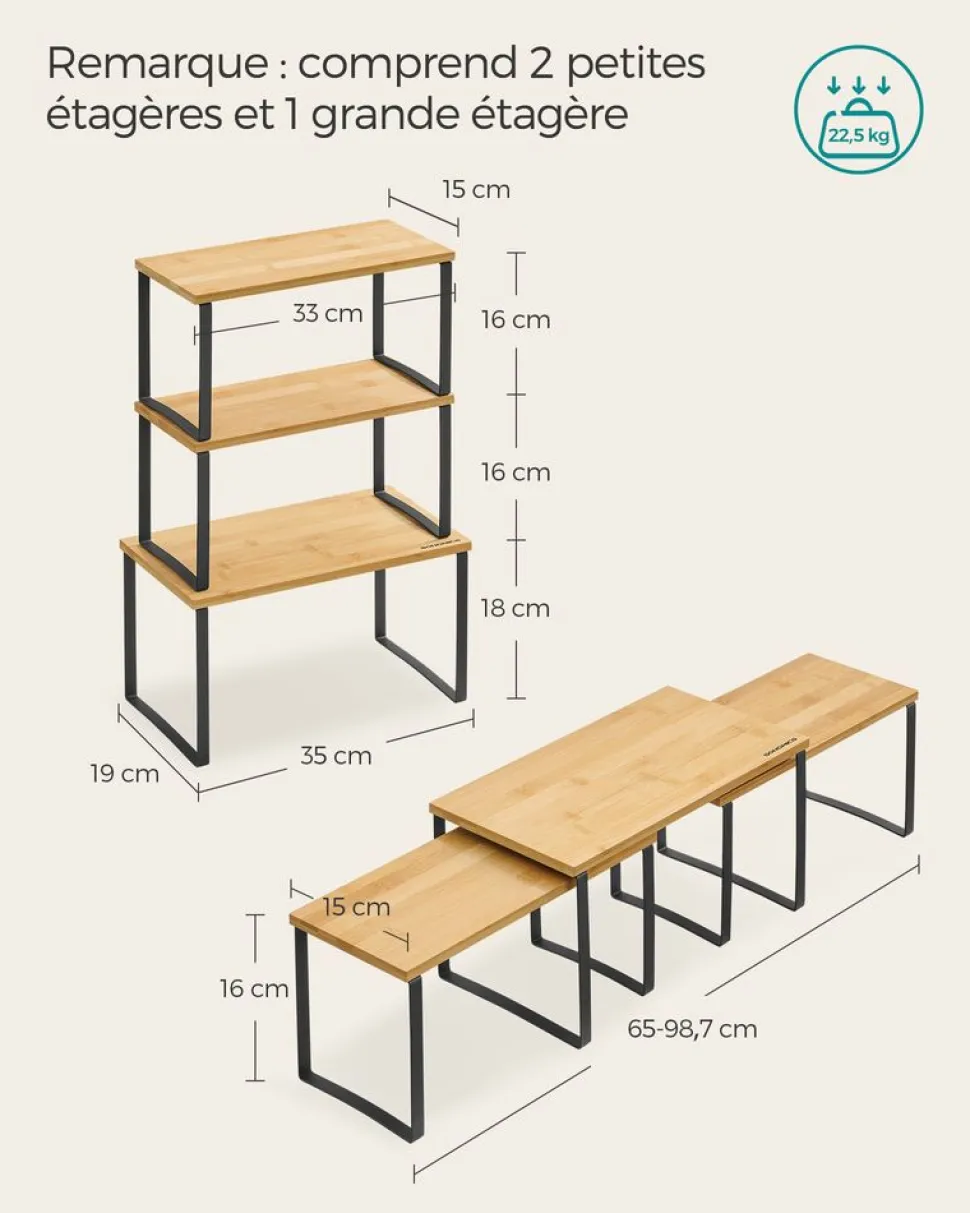 Shop SONGMICS 3 rangements pour placards de cuisine métal et bambou noir d'encre et beige naturel