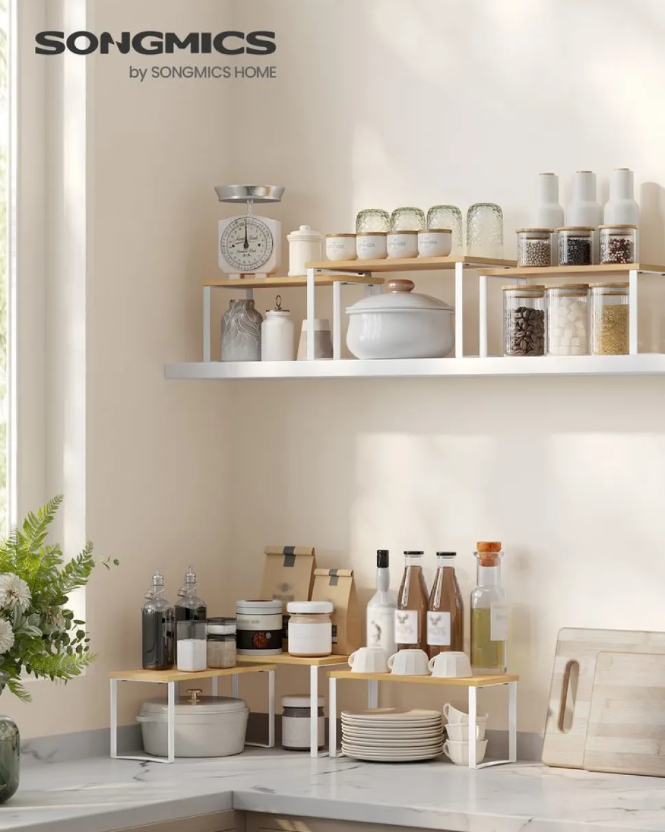 Shop SONGMICS 3 rangements pour placards de cuisine métal et bambou noir d'encre et beige naturel