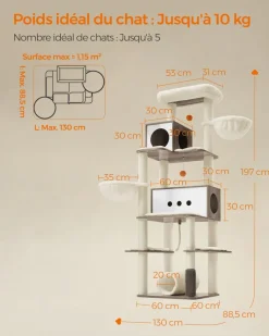 Fashion SONGMICS Arbre à chat 197 cm avec 2 niches 2 paniers 4 griffoir grège chiné
