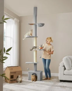 Best Sale SONGMICS Arbre à chat du sol au plafond 231-291 cm perchoir gris clair