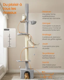 Best Sale SONGMICS Arbre à chat du sol au plafond 231-291 cm perchoir gris clair