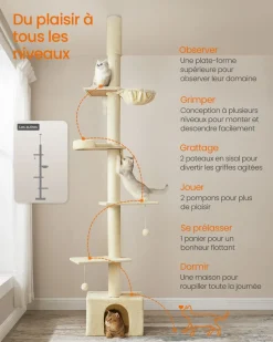 Best Sale SONGMICS Arbre à chat du sol au plafond 231-291 cm perchoir gris clair