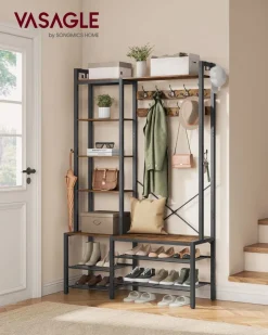 Fashion SONGMICS Banc à chaussures avec tiroir et étagère marron rustique Marron Rustique + Noir D'Encre