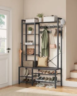 Fashion SONGMICS Banc à chaussures avec tiroir et étagère marron rustique Marron Rustique + Noir D'Encre