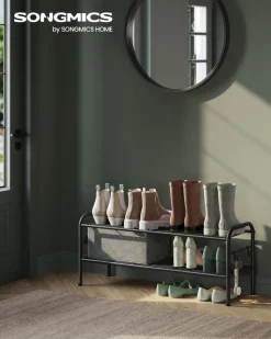 New SONGMICS Banc de rangement à chaussures en bambou 2 étagères blanc gris Blanc + Gris