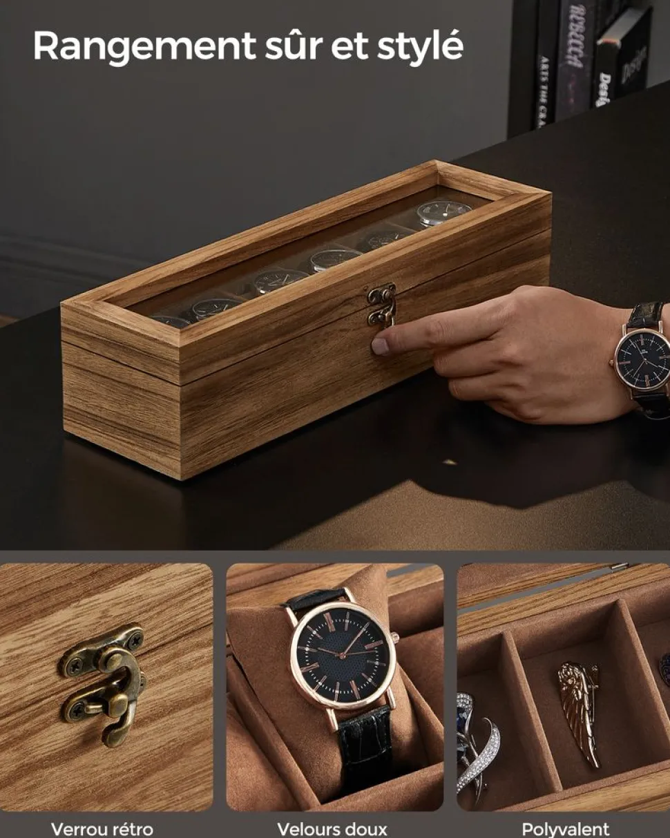 New SONGMICS Boîte à montres 12 compartiments couleur noisette