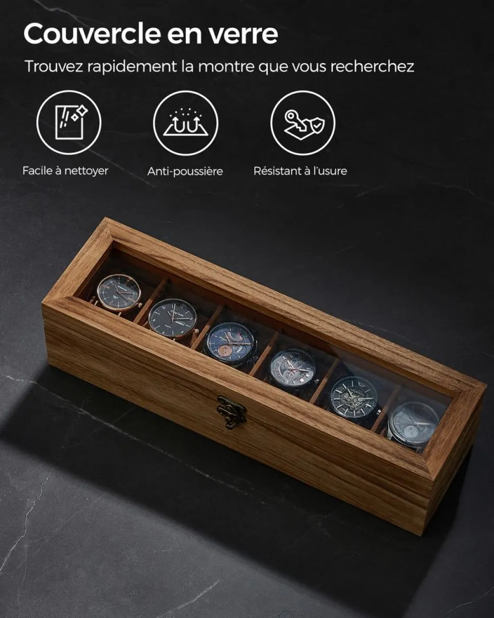 New SONGMICS Boîte à montres 12 compartiments couleur noisette