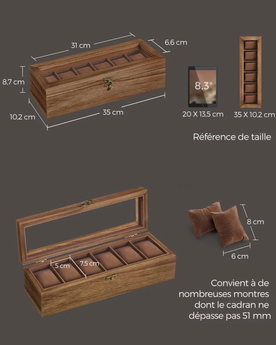 New SONGMICS Boîte à montres 12 compartiments couleur noisette