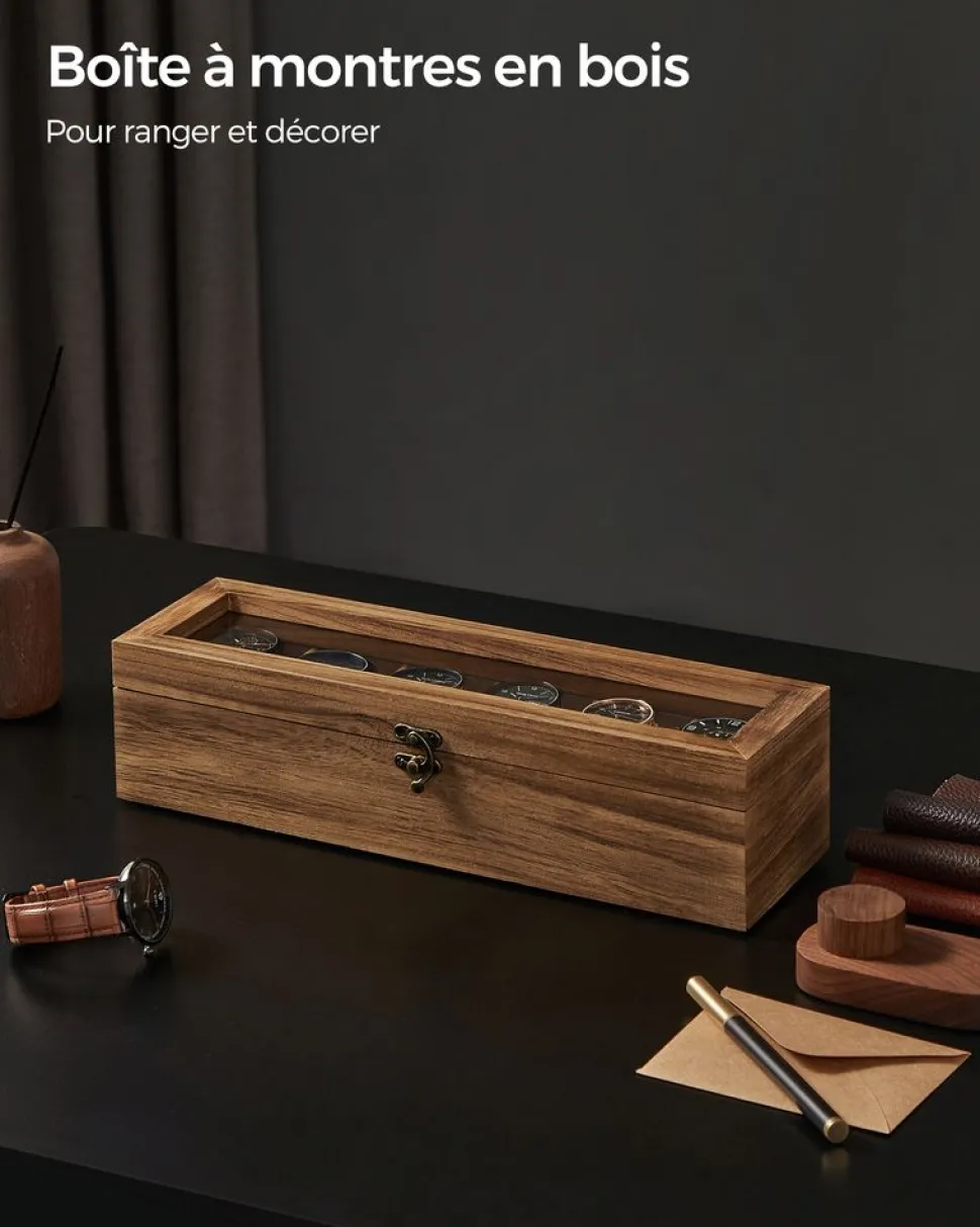 New SONGMICS Boîte à montres 12 compartiments couleur noisette