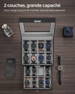 Cheap SONGMICS Boîte à montres avec 16 compartiments doublure en gris tourterelle et surface en noir d'encre