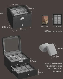 Cheap SONGMICS Boîte à montres avec 16 compartiments doublure en gris tourterelle et surface en noir d'encre