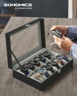 Sale SONGMICS Boîte montres 12 cases noir