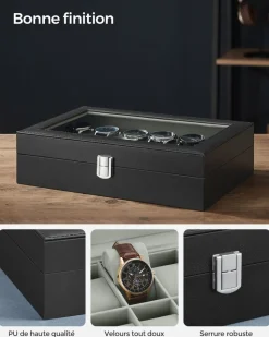 Sale SONGMICS Boîte montres 12 cases noir