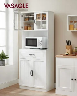 Clearance SONGMICS Buffet haut cuisine avec portes en verre et étagères réglables blanc