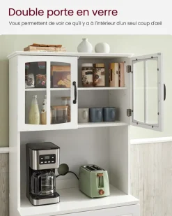 Clearance SONGMICS Buffet haut cuisine avec portes en verre et étagères réglables blanc