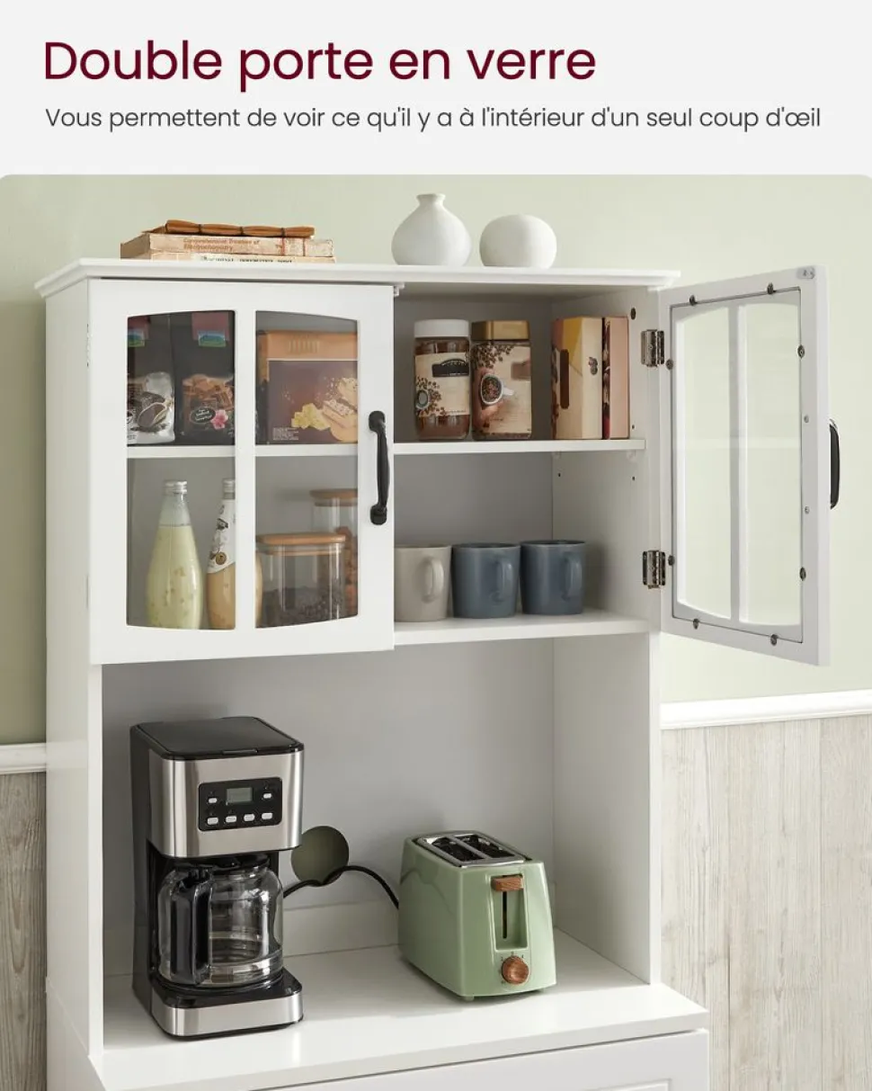 Clearance SONGMICS Buffet haut cuisine avec portes en verre et étagères réglables blanc