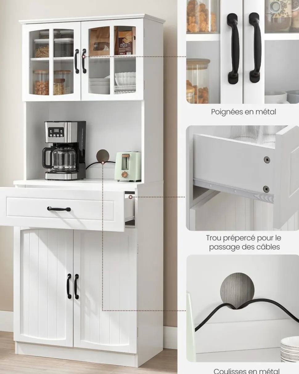 Clearance SONGMICS Buffet haut cuisine avec portes en verre et étagères réglables blanc