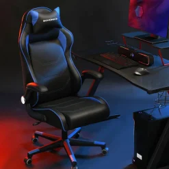 Store SONGMICS Bureau gaming avec lumières led et multiprise 2 tiroirs 2 ports usb noir boisé