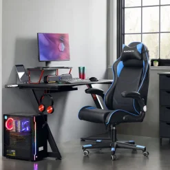 Store SONGMICS Bureau gaming avec lumières led et multiprise 2 tiroirs 2 ports usb noir boisé