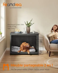 Outlet SONGMICS Cage pour chiens plateau amovible moderne noir d'encre