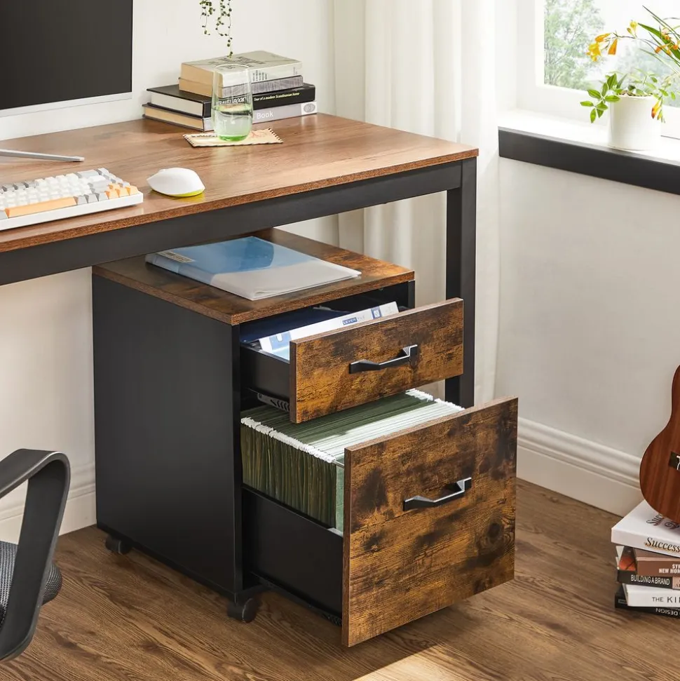 Discount SONGMICS Caisson de bureau 3 tiroirs mobile industriel Marron Rustique + Noir