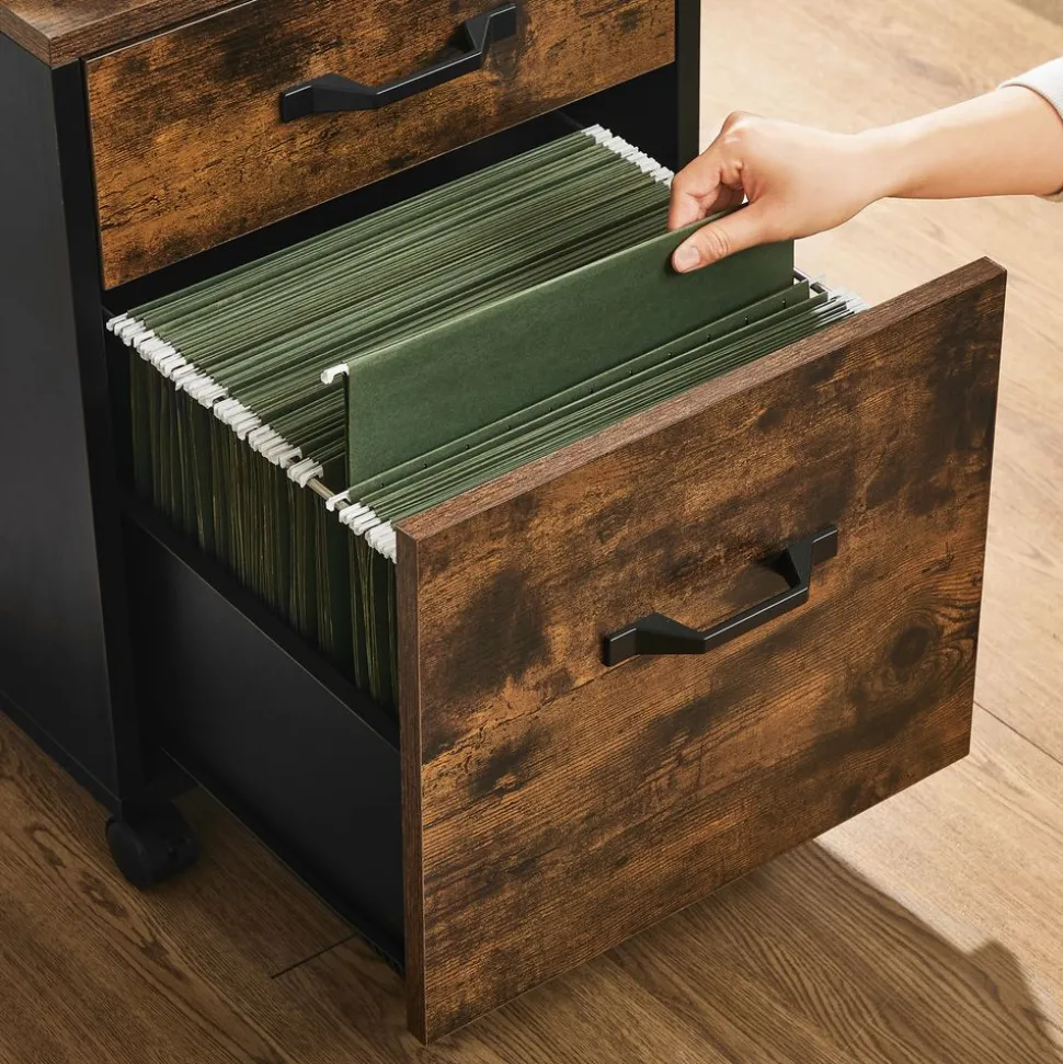 Discount SONGMICS Caisson de bureau 3 tiroirs mobile industriel Marron Rustique + Noir