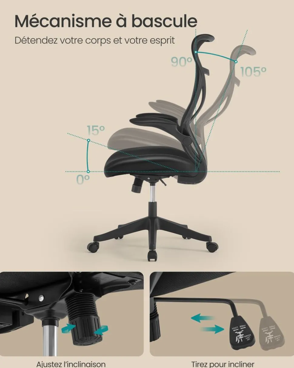 Discount SONGMICS Chaise de bureau tissu coton-lin gris tourterelle