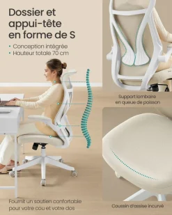 Discount SONGMICS Chaise de bureau tissu coton-lin gris tourterelle