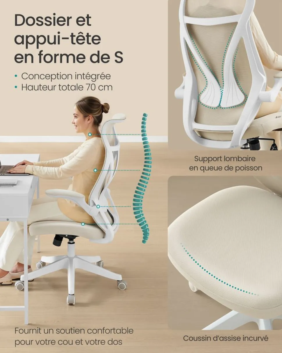 Discount SONGMICS Chaise de bureau tissu coton-lin gris tourterelle
