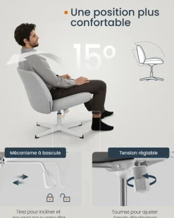 New SONGMICS Chaise de bureau tissu coton-lin blanc crème