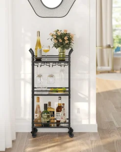 Discount SONGMICS Chariot de rangement 3 niveaux avec roulette frein marron rustique et noir d'encre