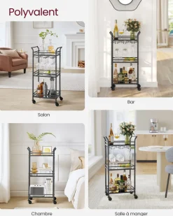 Discount SONGMICS Chariot de rangement 3 niveaux avec roulette frein marron rustique et noir d'encre