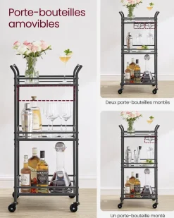 Discount SONGMICS Chariot de rangement 3 niveaux avec roulette frein marron rustique et noir d'encre