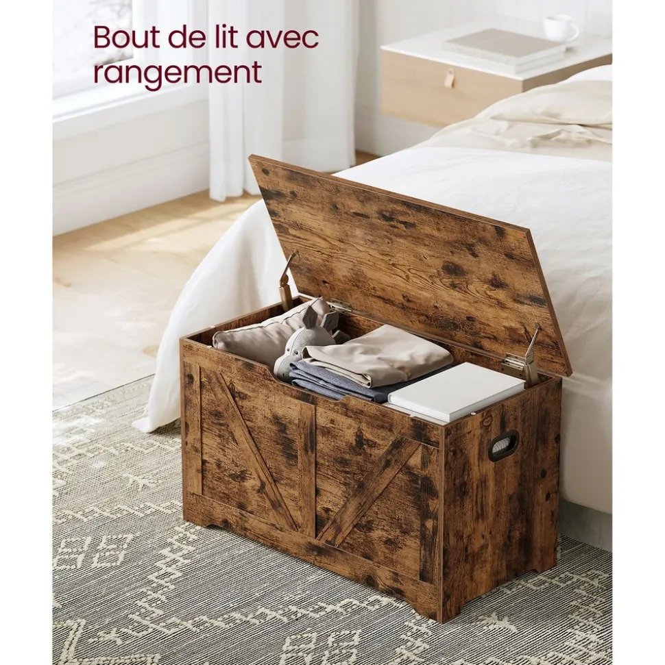 Cheap SONGMICS Coffre de rangement avec 2 charnières de sécurité marron rustique