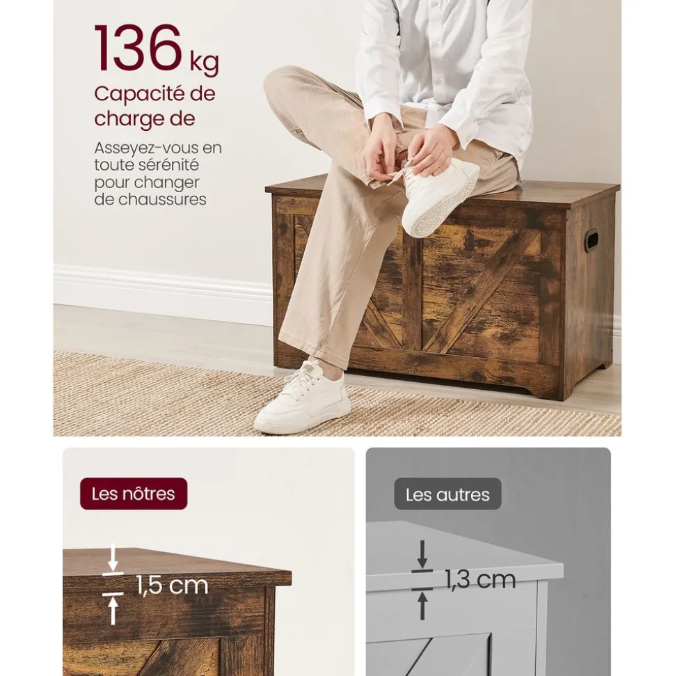 Cheap SONGMICS Coffre de rangement avec 2 charnières de sécurité marron rustique