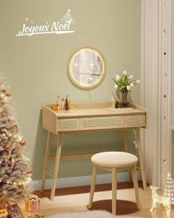 Best SONGMICS Coiffeuse avec Miroir Pivotant et Taboutret Blanc Mat + Doré Clair