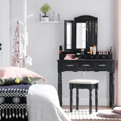 Clearance SONGMICS Coiffeuse triple miroir noir