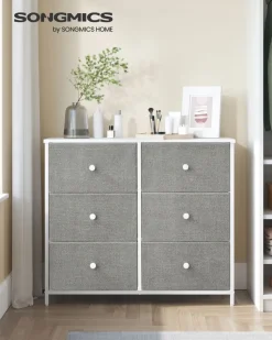Best Sale SONGMICS Commode avec tiroirs en tissu gris clair et blanc