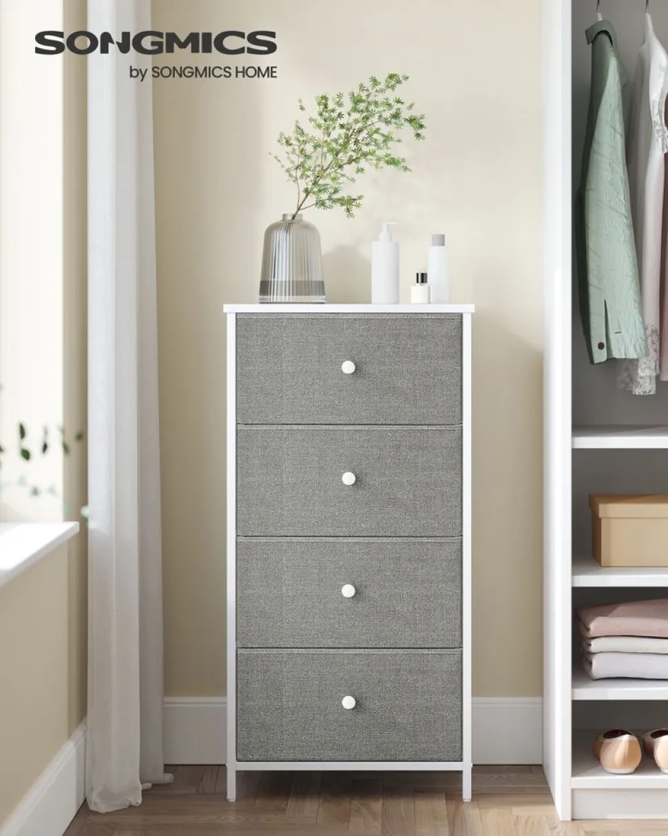 Fashion SONGMICS Commode colonne de rangement en tissu avec 5 tiroirs gris tourterelle et blanc crème