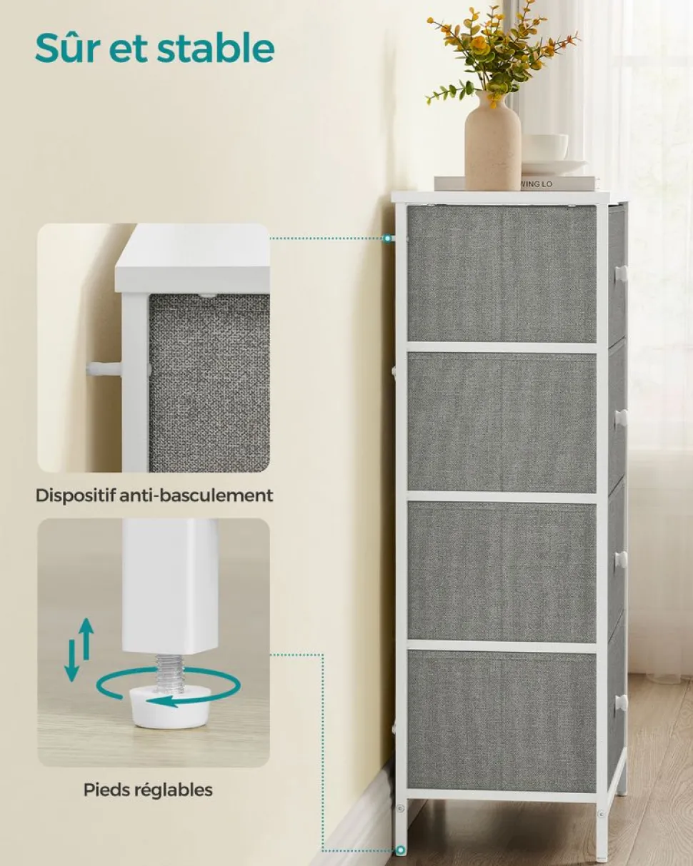 Fashion SONGMICS Commode colonne de rangement en tissu avec 5 tiroirs gris tourterelle et blanc crème