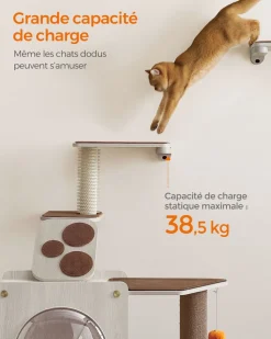 Store SONGMICS Eacalier pour chat mural avec étagère et auto-toiletteur Marron Avoine + Marron Café