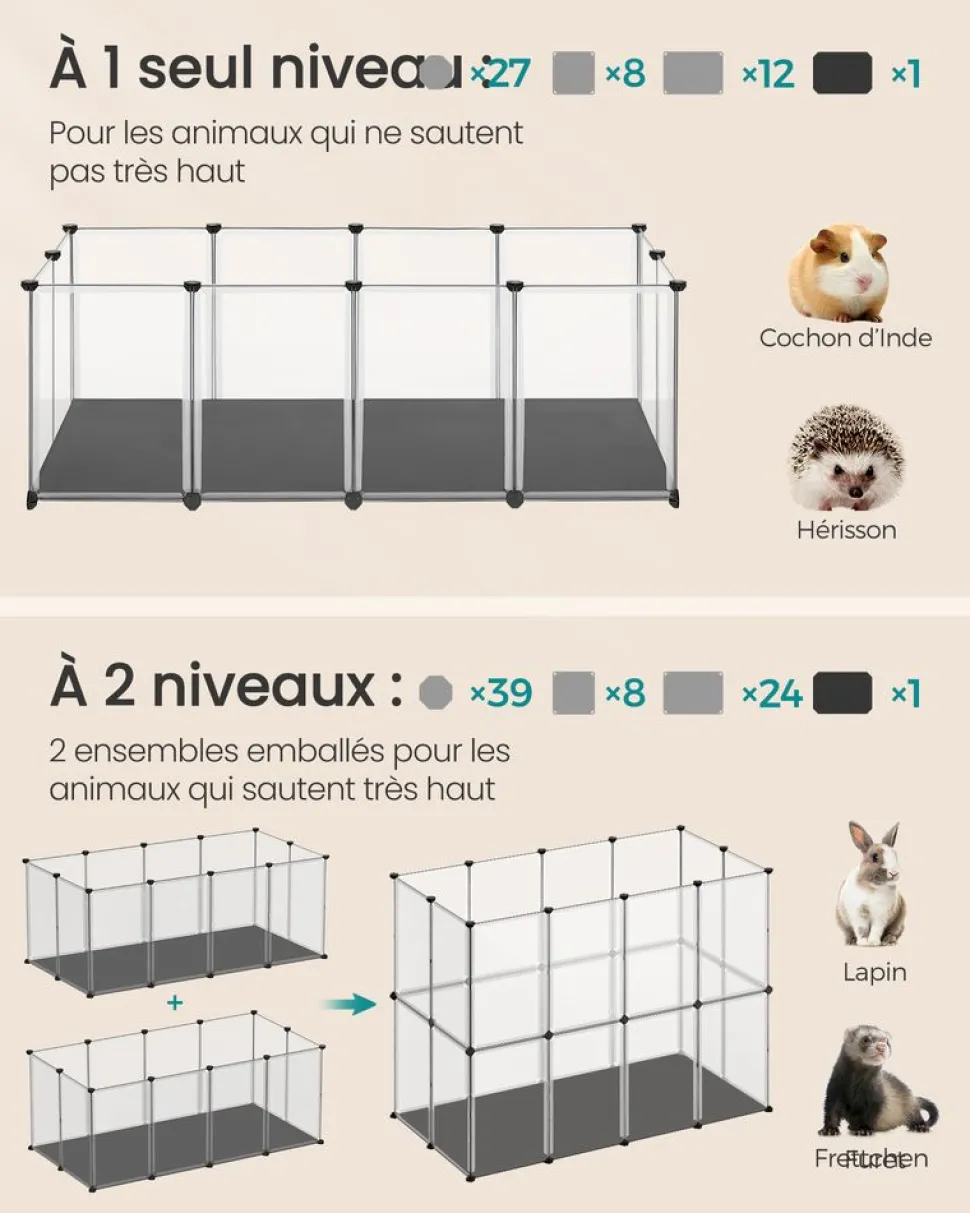 Store SONGMICS Enclos pour animaux avec plancher et tapis imperméable 125 x 63 x 42 cm blanc