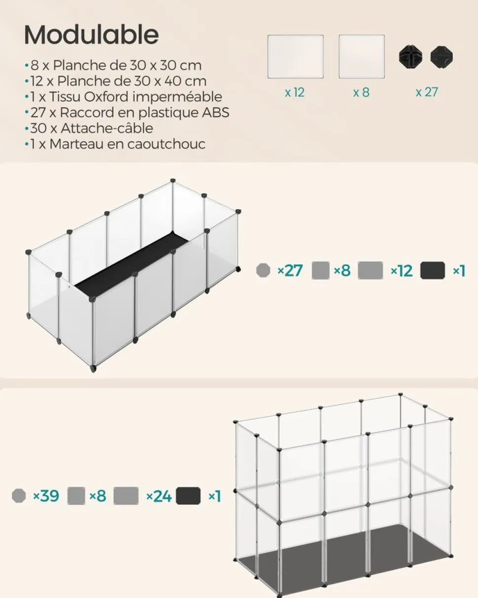 Store SONGMICS Enclos pour animaux avec plancher et tapis imperméable 125 x 63 x 42 cm blanc