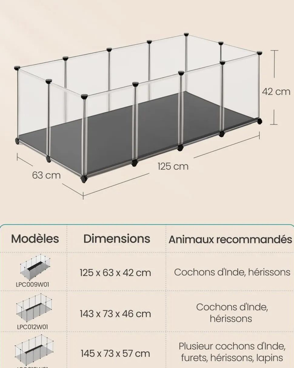 Store SONGMICS Enclos pour animaux avec plancher et tapis imperméable 125 x 63 x 42 cm blanc