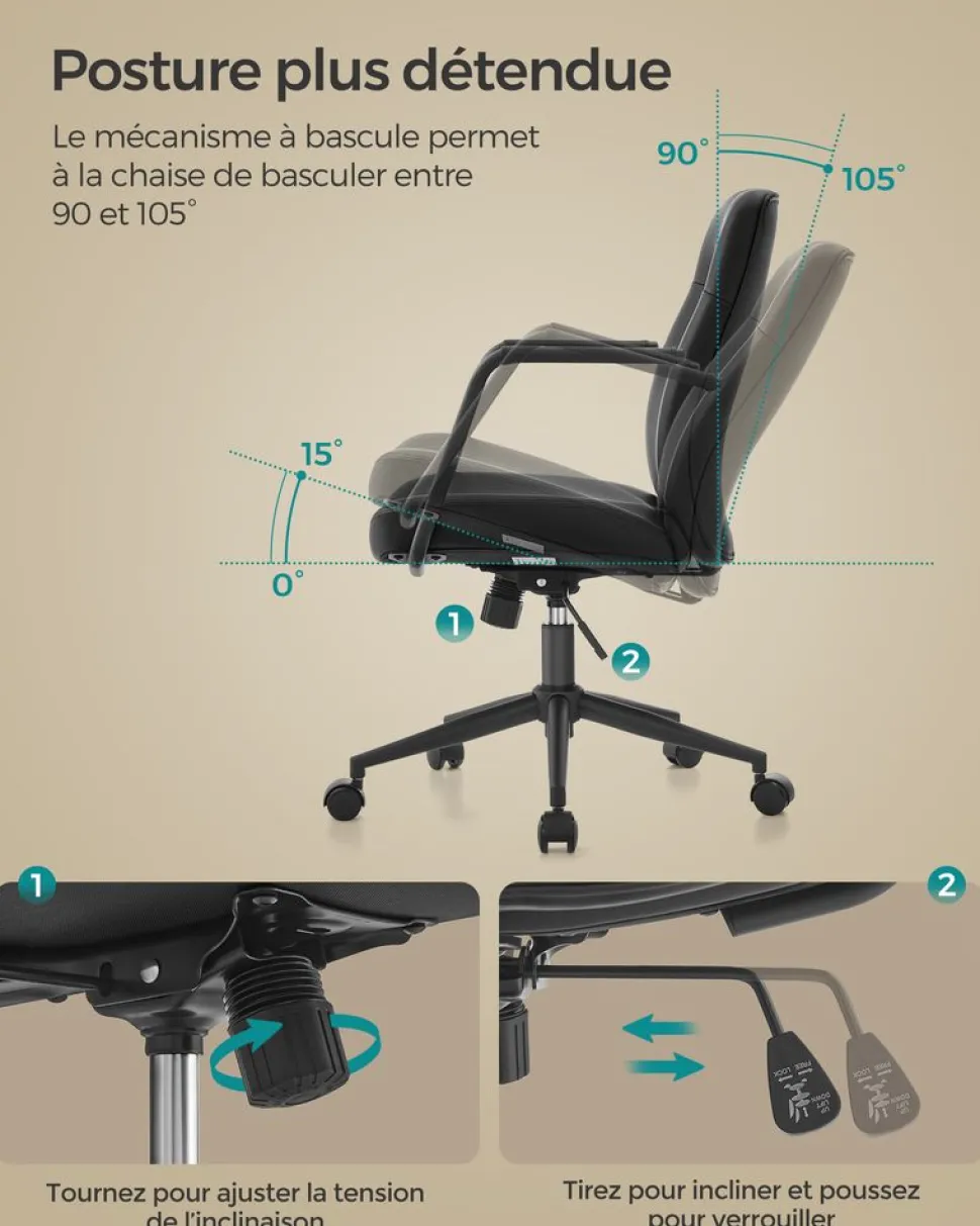 Discount SONGMICS Fauteuil de bureau mécanisme à bascule surface en pu, noir
