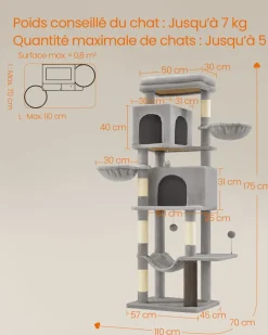 Best Sale SONGMICS Grand arbre à chat hauteur 175 cm 2 paniers 5 griffoirs gris tourterelle