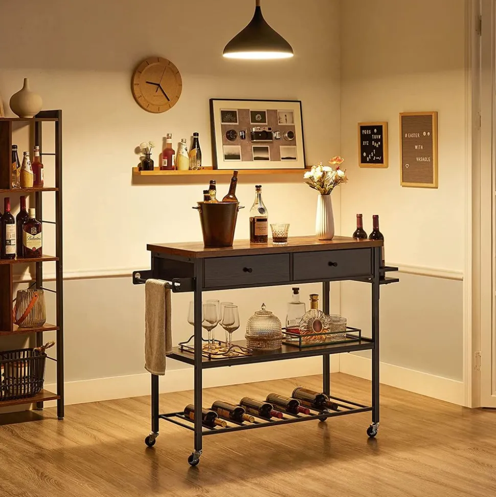 Fashion SONGMICS Îlot cuisine industriel Brun Vintage Noir