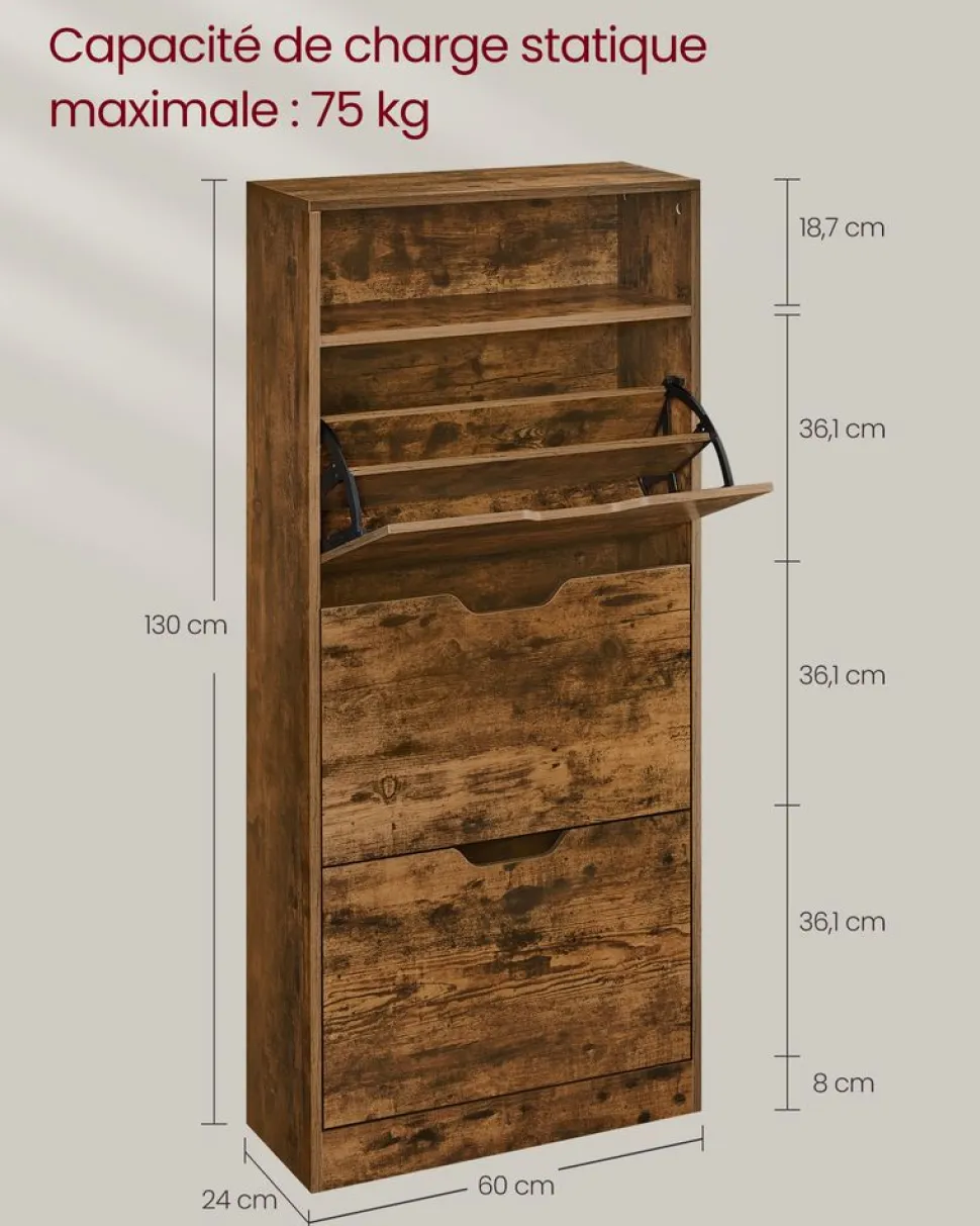 Best Sale SONGMICS Meuble à chaussures 3 portes battantes marron rustique