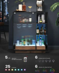 Online SONGMICS Meuble bar à vin avec éclairage et porte-verre Noir Boisé